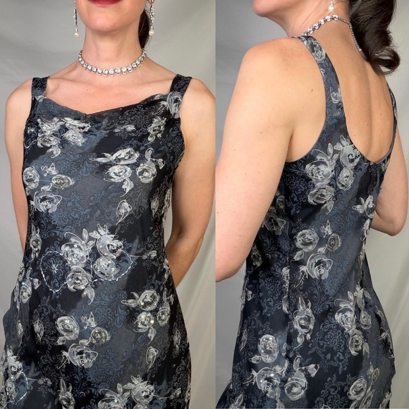 Vintage Y2K fairy Floral print beaded sequin slip‎ dress midi Jonathan Martin M - Picture 12 of 14